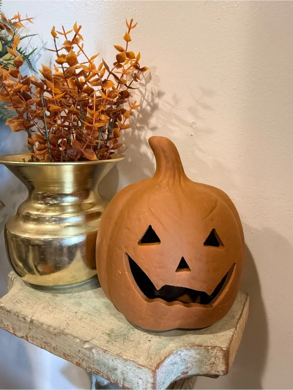 Autumn Pumpkin Ceramic Lantern - Orange -bundle with brass vessel and florals